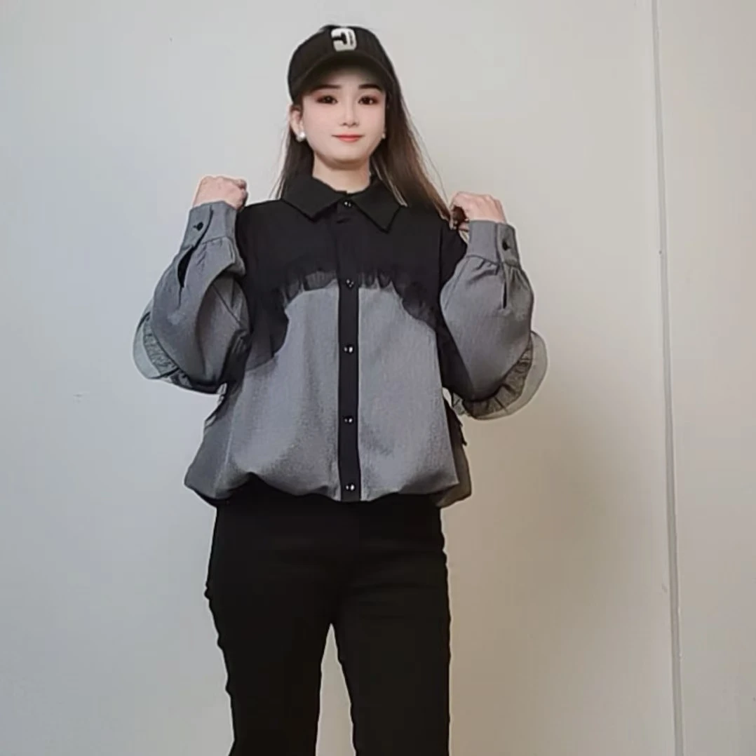 2025新款法式欧版网纱拼接设计时尚减龄开衫衬衫外套