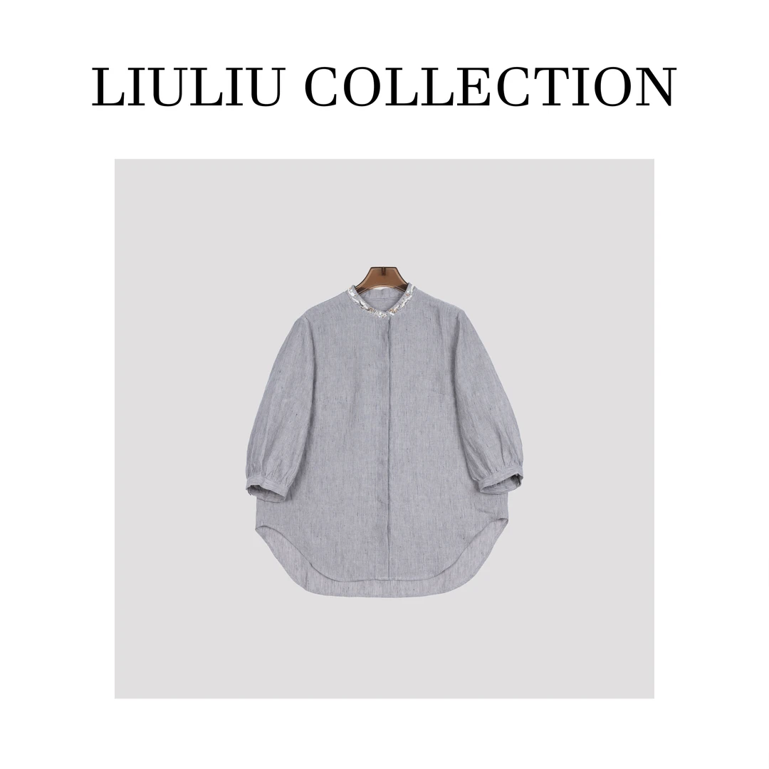 日系文艺气质~精致钉珠立领显瘦细条纹衬衫透气亚麻七分袖小衫E47