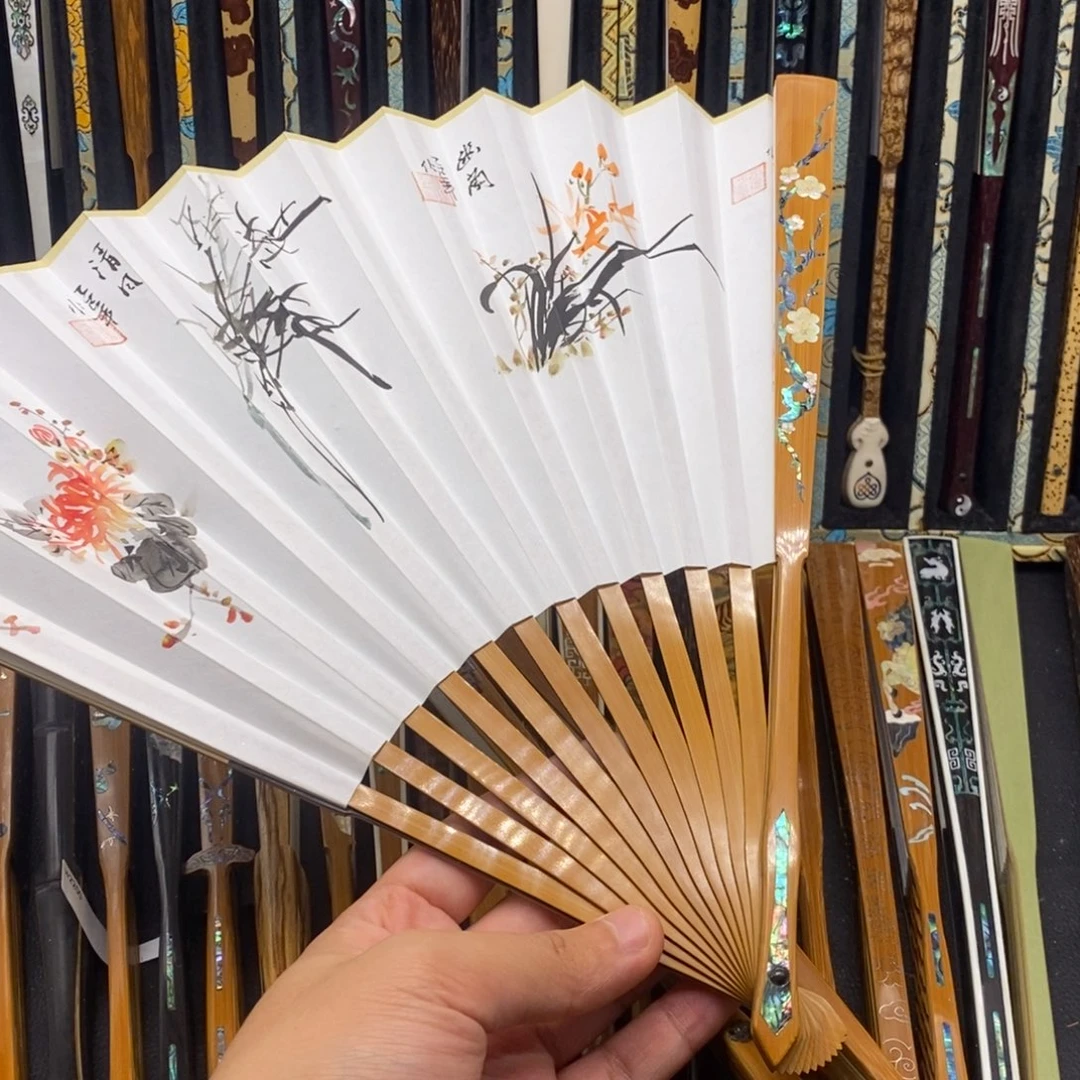 扇子《梅花》老玉竹三合青螺钿