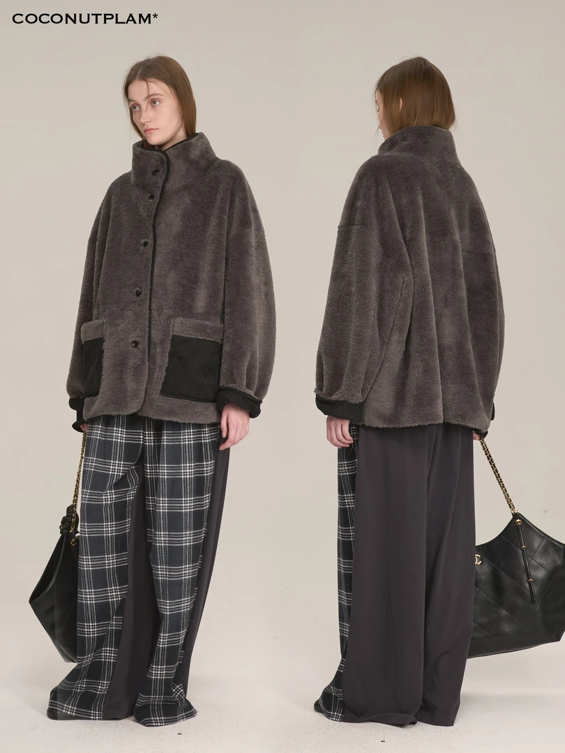 COCONUTPLAM*环保羊羔毛立领翻领中场框大口袋毛呢外套