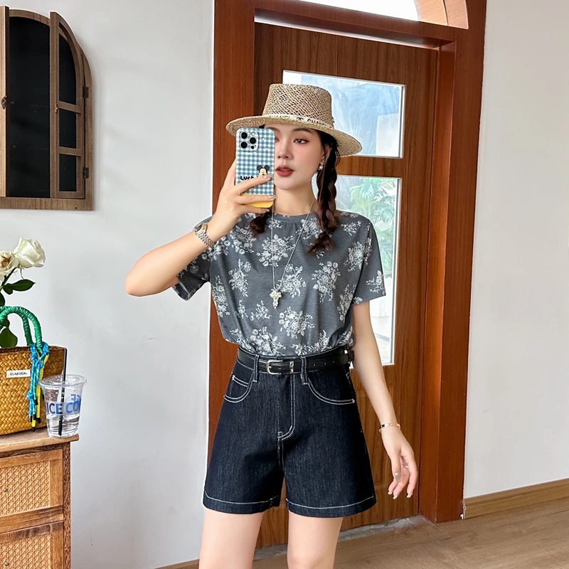 夏季新款丹宁黑金蓝莱卡四面弹牛仔短裤高腰显瘦洋气设计感女裤