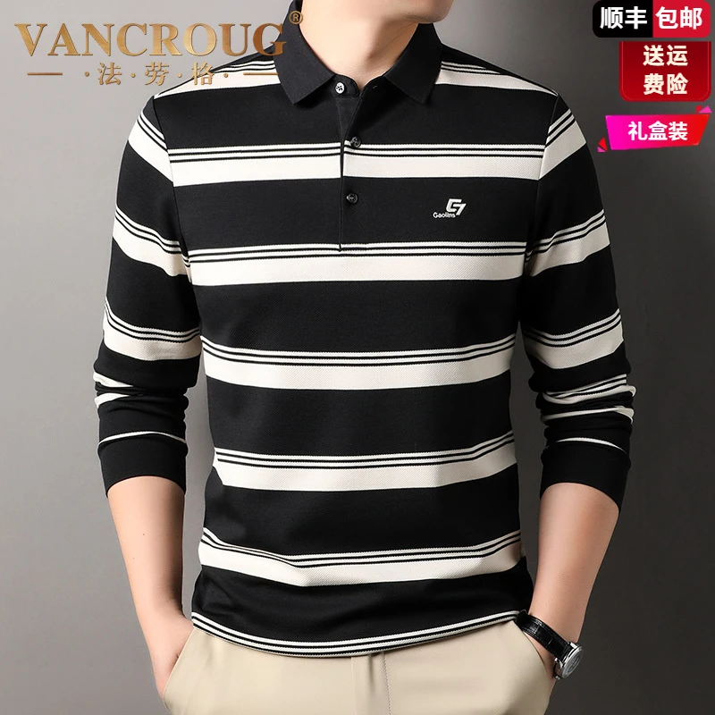 法劳格2025秋季新款男士休闲翻领条纹长袖中年t恤宽松商务polo衫