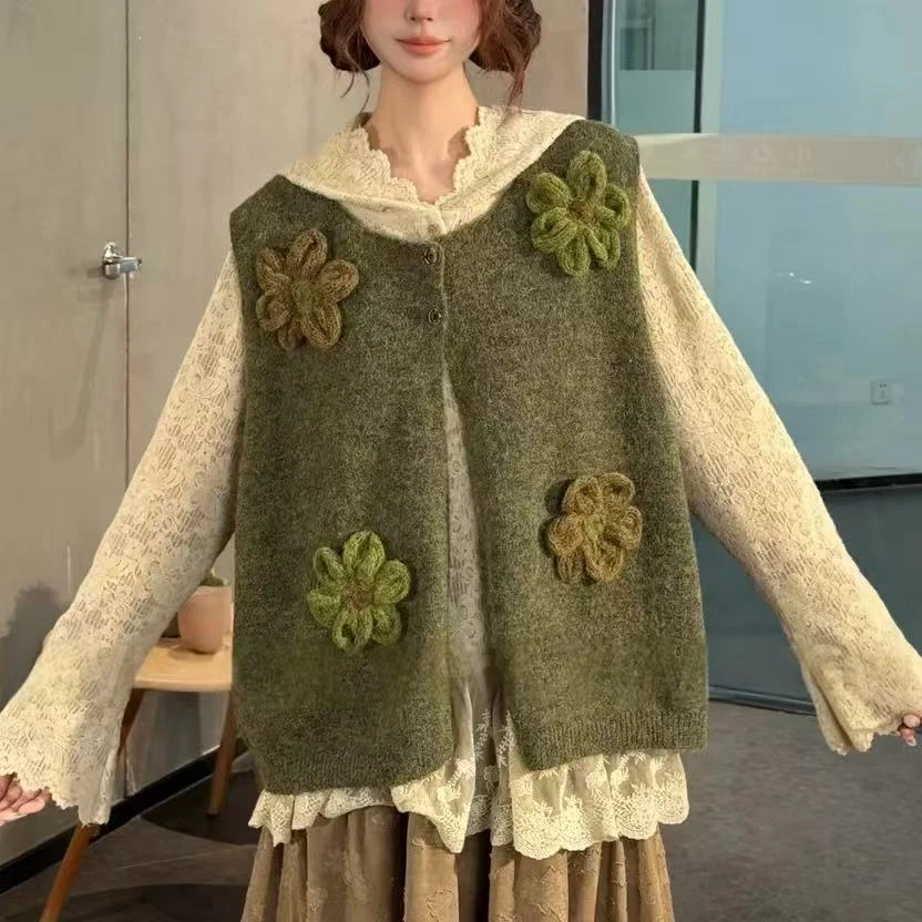 春秋百搭马夹加厚保暖绣花针织马甲上衣宽松半身裙三件套