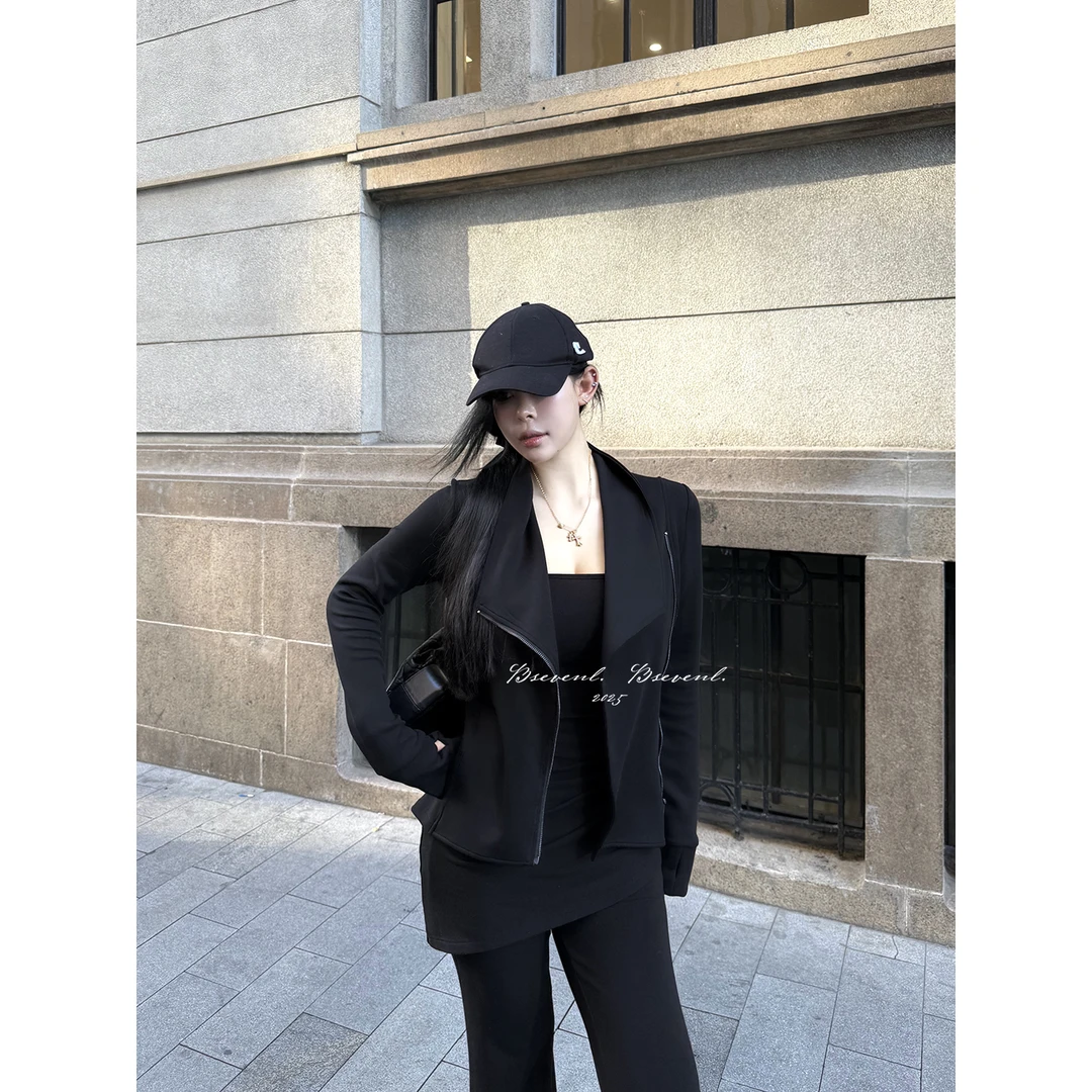 黑泽玄七“初秋爆瘦王”秋季微胖黑武士套装!弹力慕斯绒舒适主义女