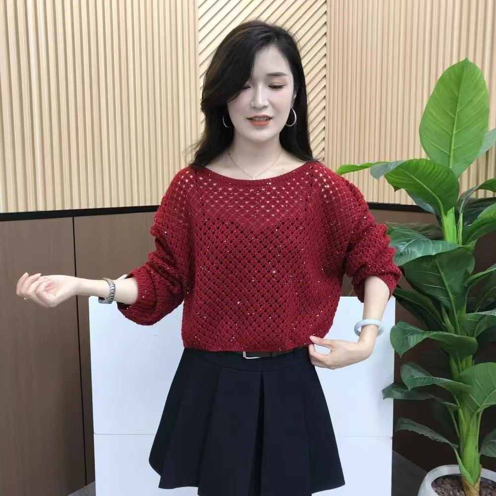 亮丝镂空短款针织衫女2025早秋新款慵懒风宽松显瘦气质减龄毛衣女