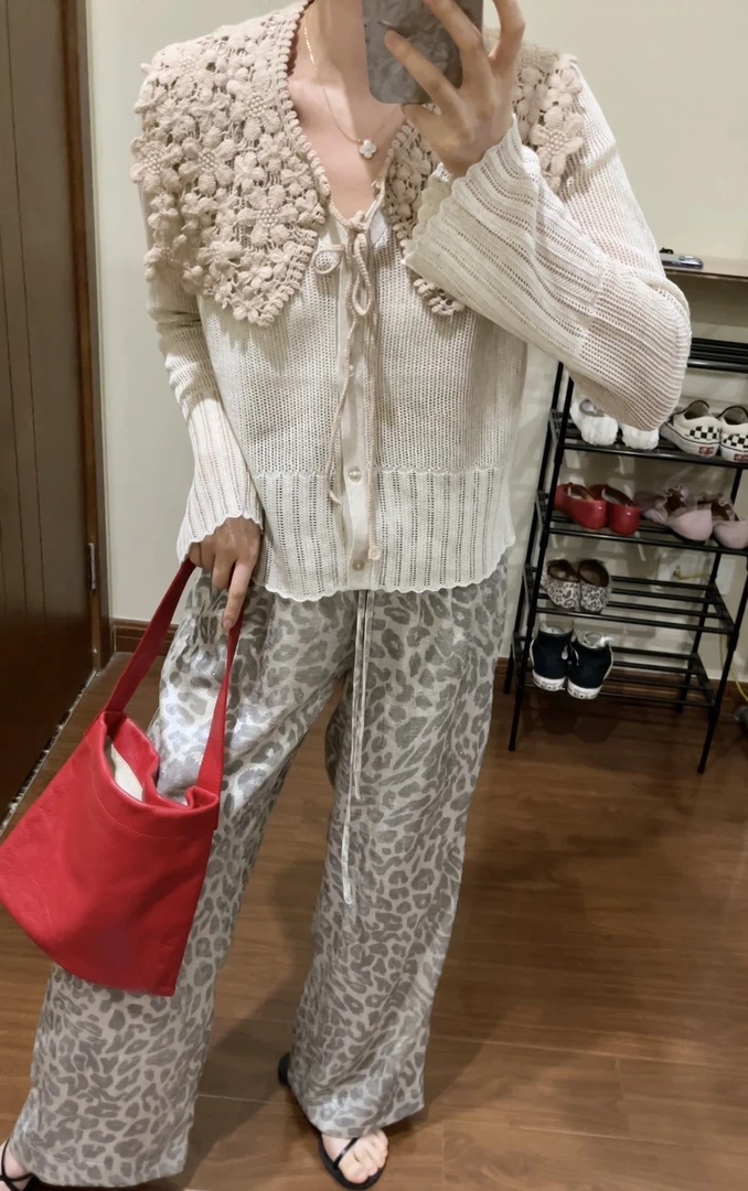 垂感凉凉小水钻松紧腰豹纹裤