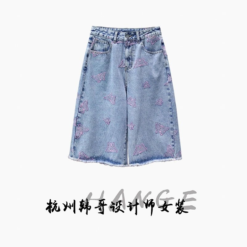 【韩哥女装】2025欧版小众浅蓝色蝴蝶绣花时尚重工牛仔短裤9880-H8