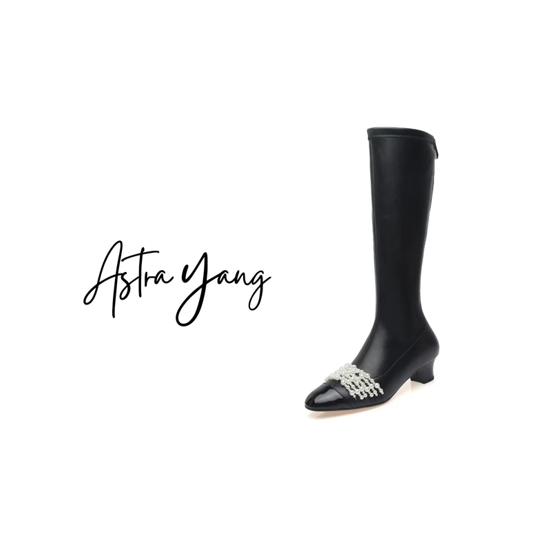 Astra闪闪|小香风珍珠长靴子粗跟中筒靴显瘦超软