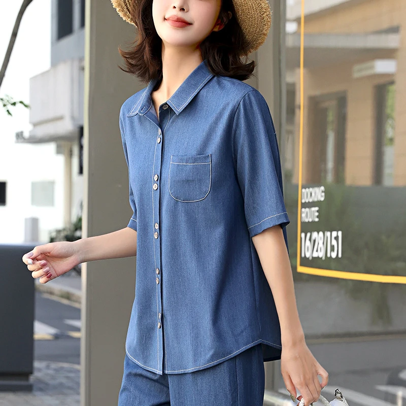 5069牛仔短袖防晒衬衫女夏季薄气质上衣妈妈休闲洋气减龄漂亮小衫