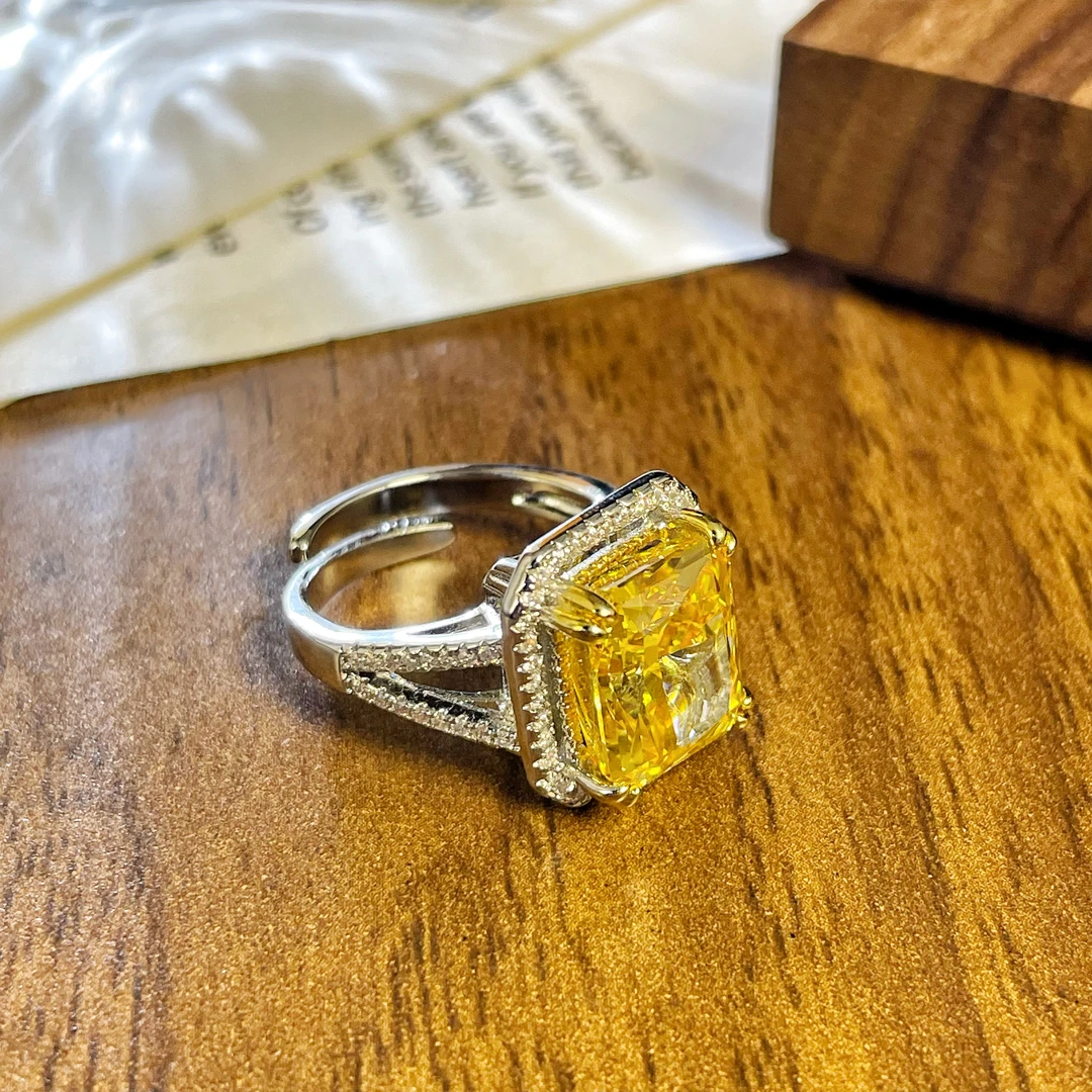 铜合金合成锆石戒指 0685黄色冰花切百搭开口戒指