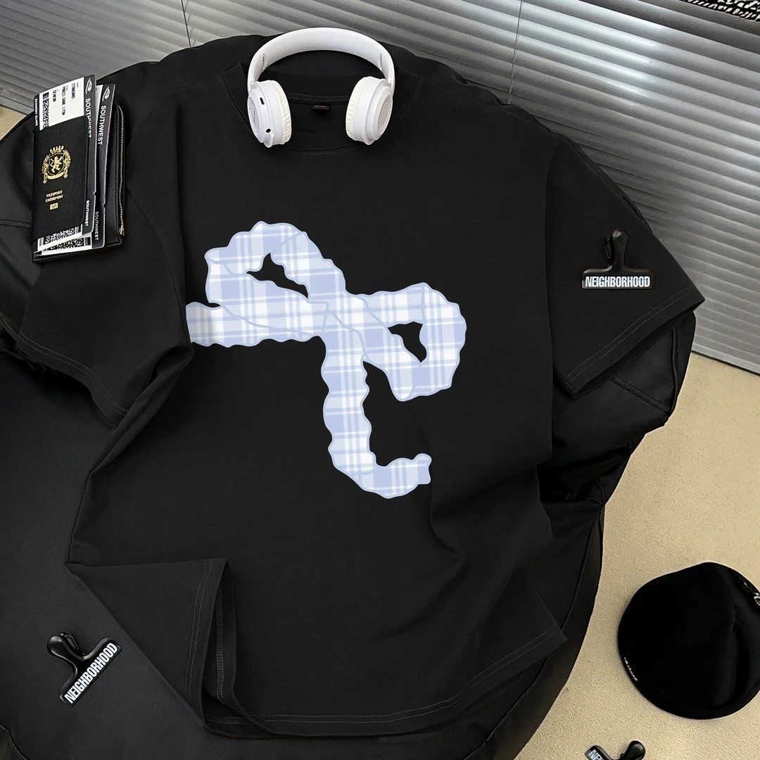 Dekkry夏季圆领美式宽松甜酷蝴蝶结印花纯棉短袖T恤男女情侣上衣