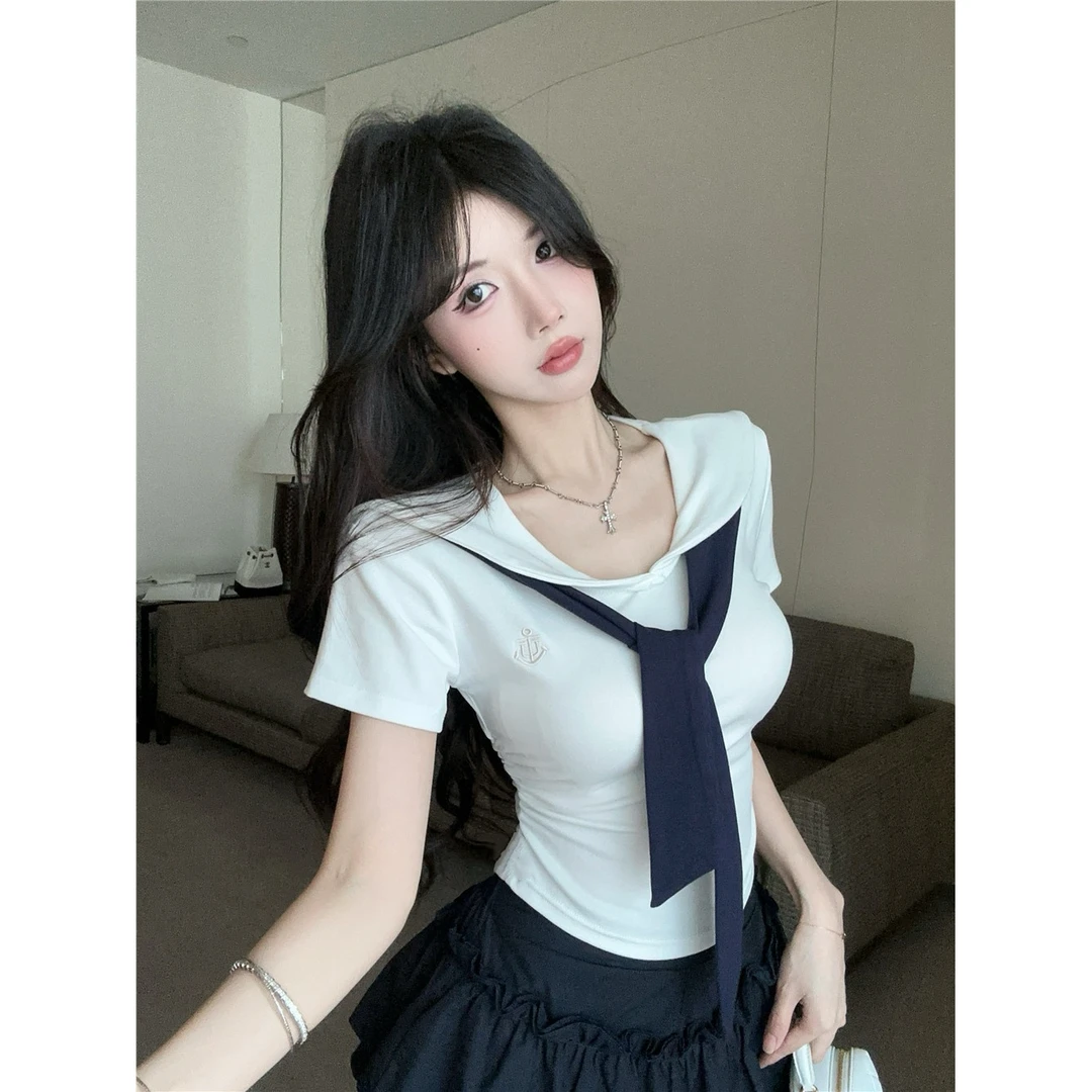 学院风海军领带短袖t恤女夏季纯欲辣妹短款小上衣高级感独特绝美