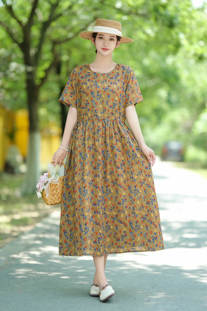 常规印花大码连衣裙长裙斜肩圆领