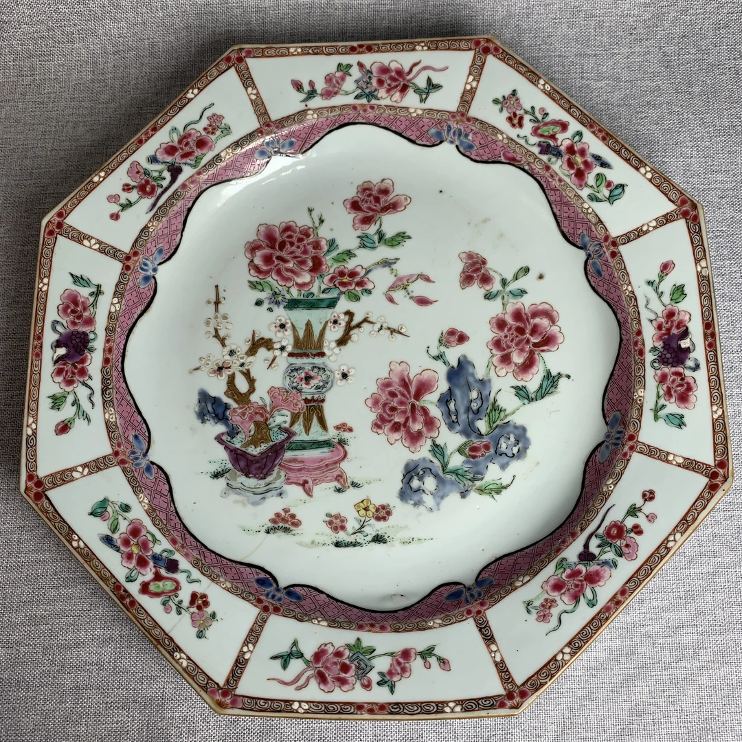 清代粉彩花卉八方盘古瓷器真品国营镇江市文物商店库出5228004