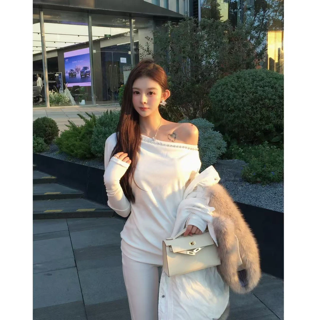 【莉萍服饰】舒曼白月光*原创爱豆闪钻斜肩上衣气质名媛贵气内搭女