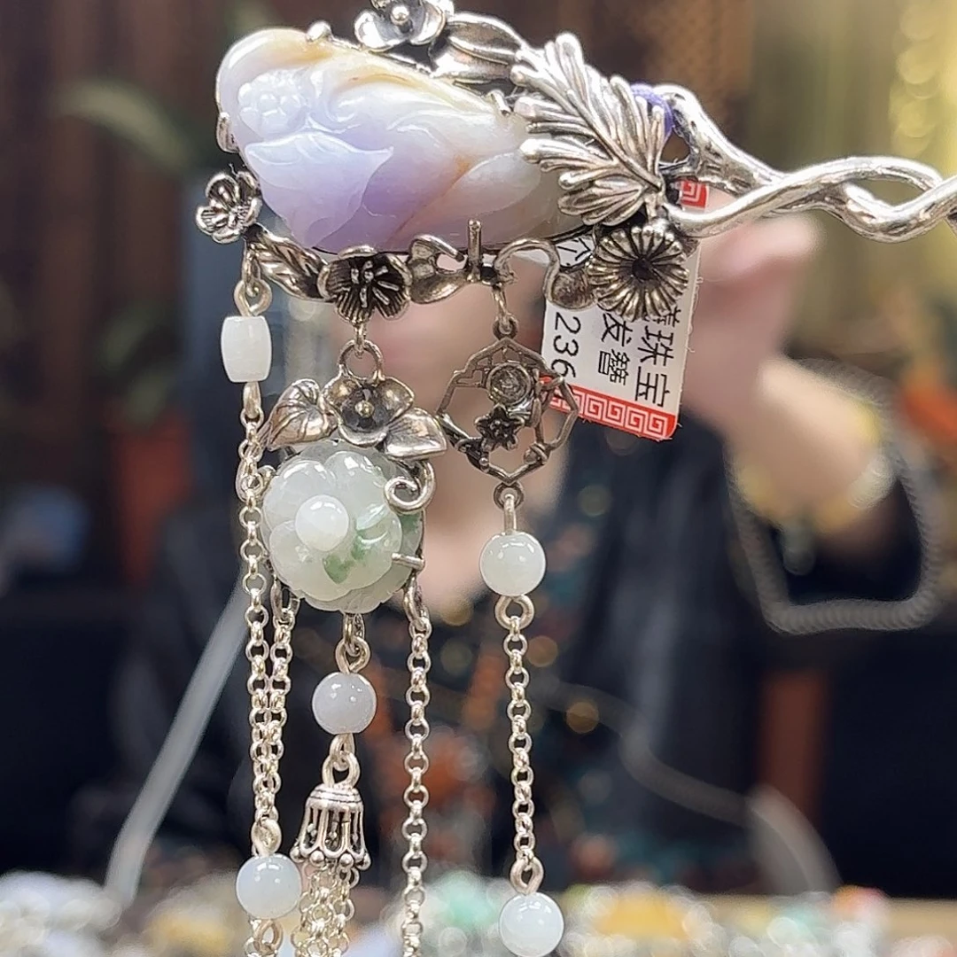 翡翠银S925镶嵌发簪发簪