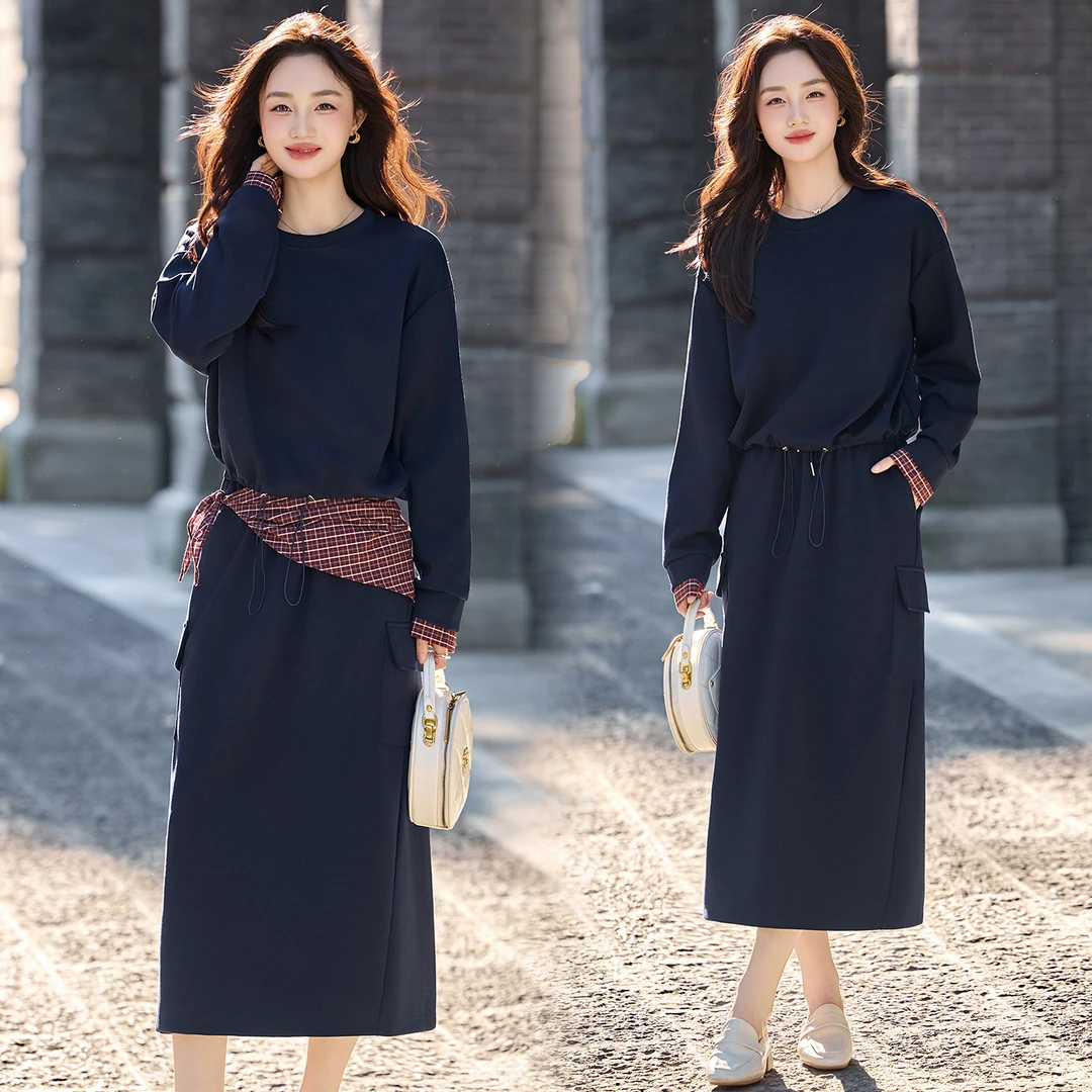 休闲时尚格纹拼接卫衣套装女2025年春秋新款洋气时髦半身裙两件套