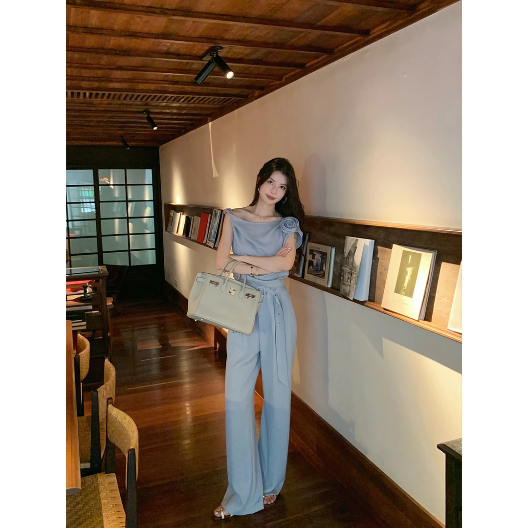 时尚休闲简约韩系套装女2025年夏季气质蓝色棉麻衬衫直筒裤两件套