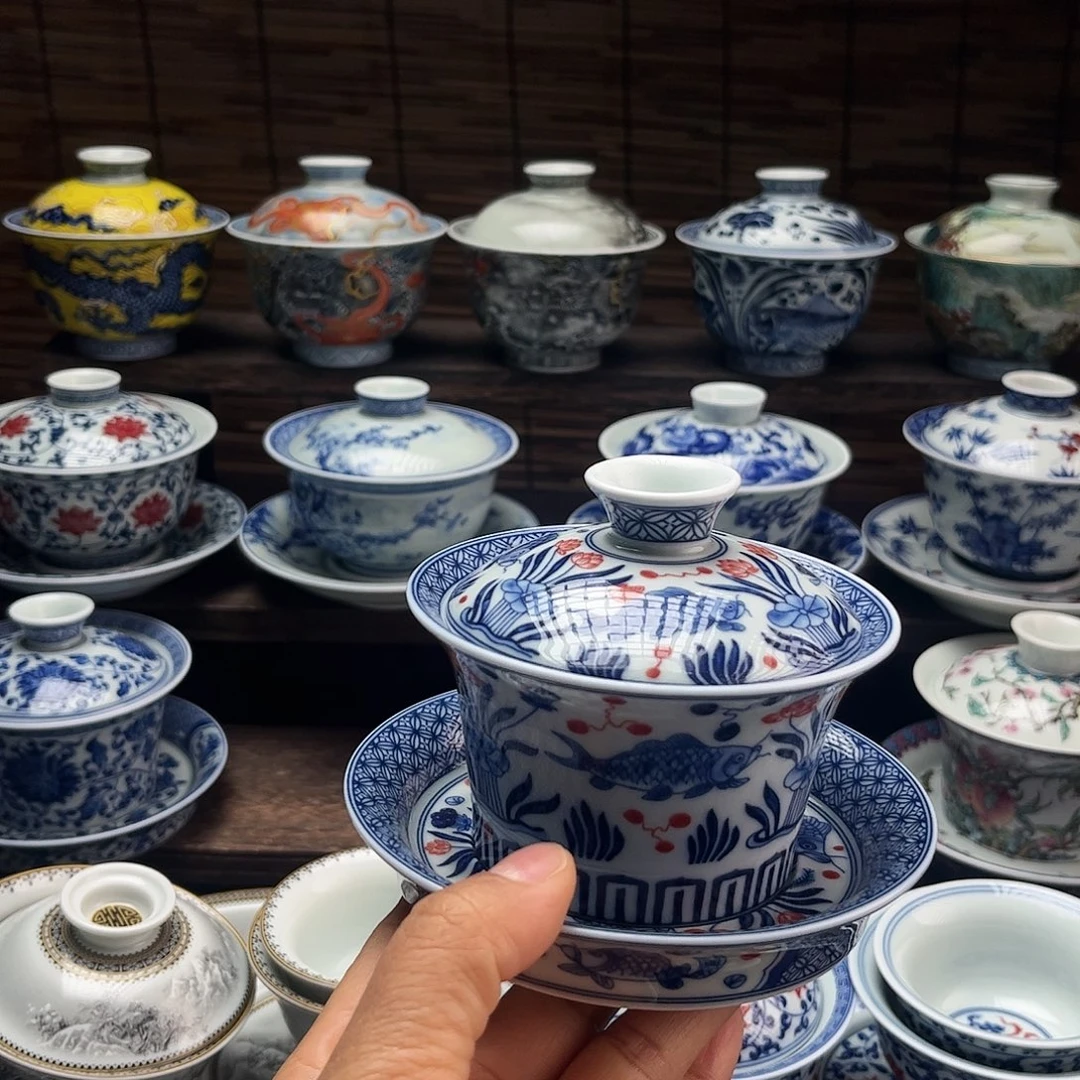 摆件陶景德镇陶瓷三才盖碗