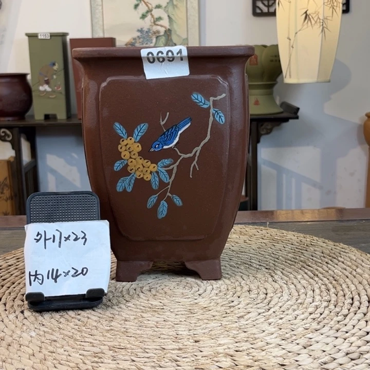 紫砂花盆 紫泥奎面手绘高四方0691