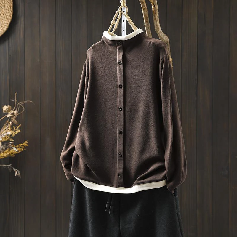 撞色半高领德绒打底衫女宽松显瘦秋冬新复古休闲纽扣装饰外穿t恤