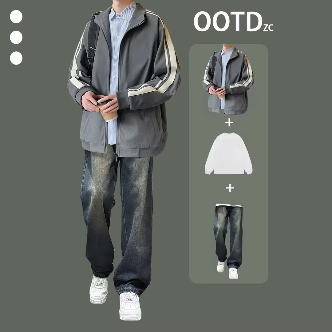 潮牌棒球服夹克男生穿搭配休闲三件套装春秋季高级感痞帅气外套男