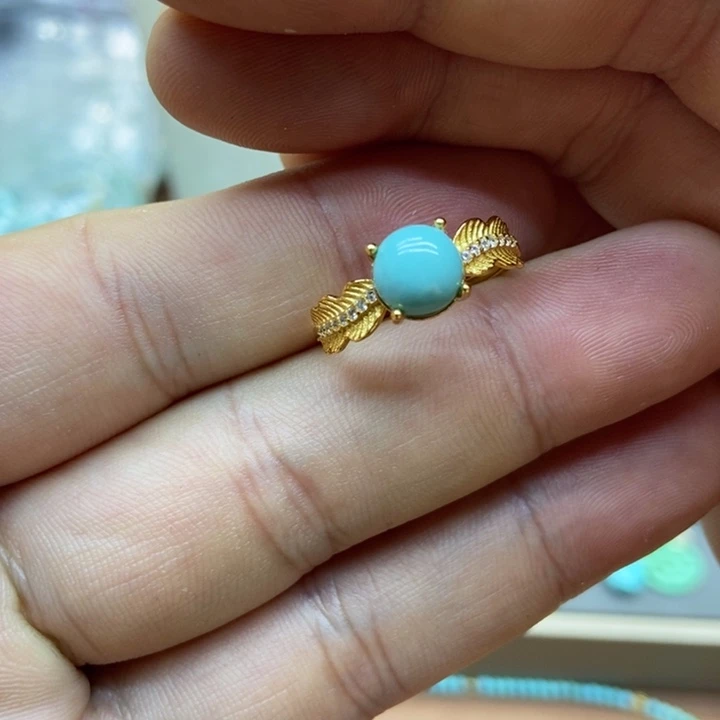 绿松石银S925镀金镶嵌戒指