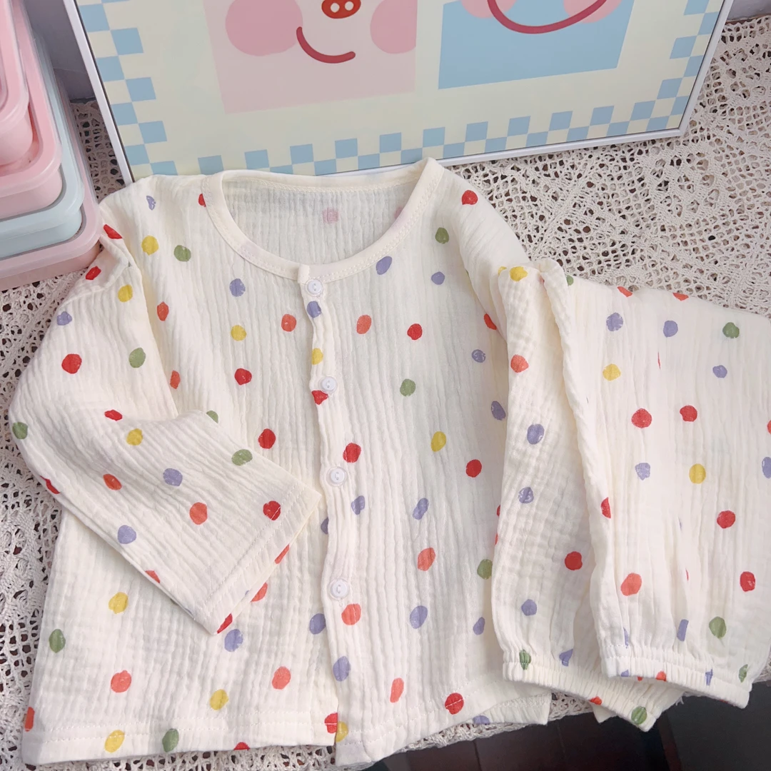 {花卷卷}2025春夏款女童彩色卡通棉纱9分袖裤家居服套装