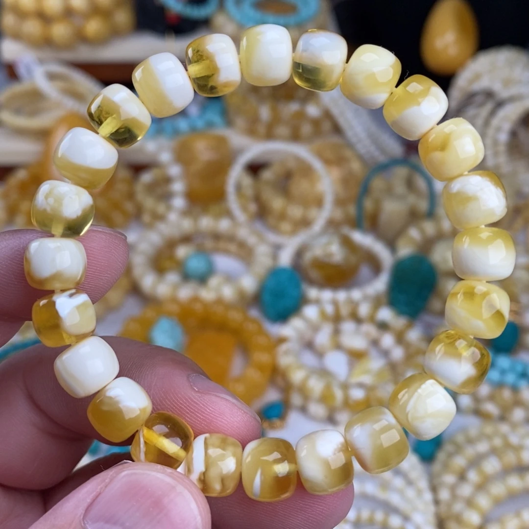 蜜蜡未镶嵌手链瓷白溶洞妖花9.4mm