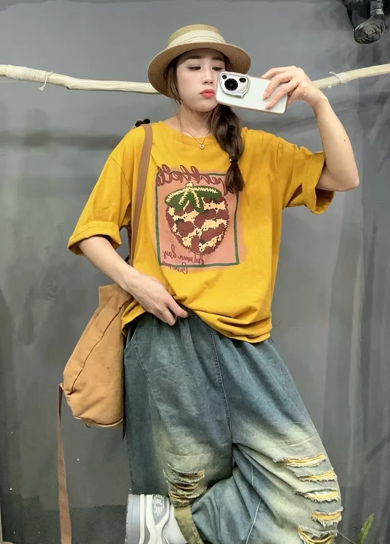 纯棉时尚休闲百搭夏季宽松印花圆领T