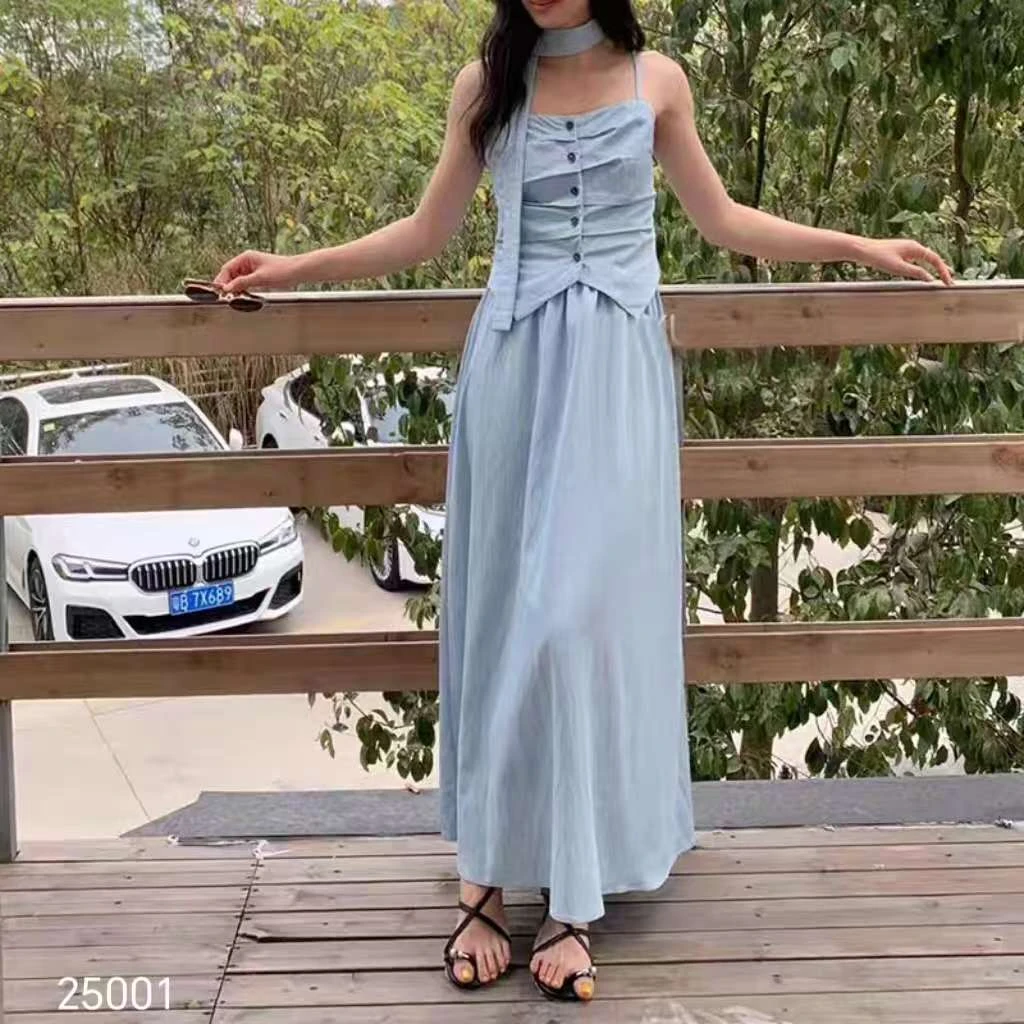 时尚套装长款吊带裙复古百搭气质上衣小众法式长裙裙子时尚