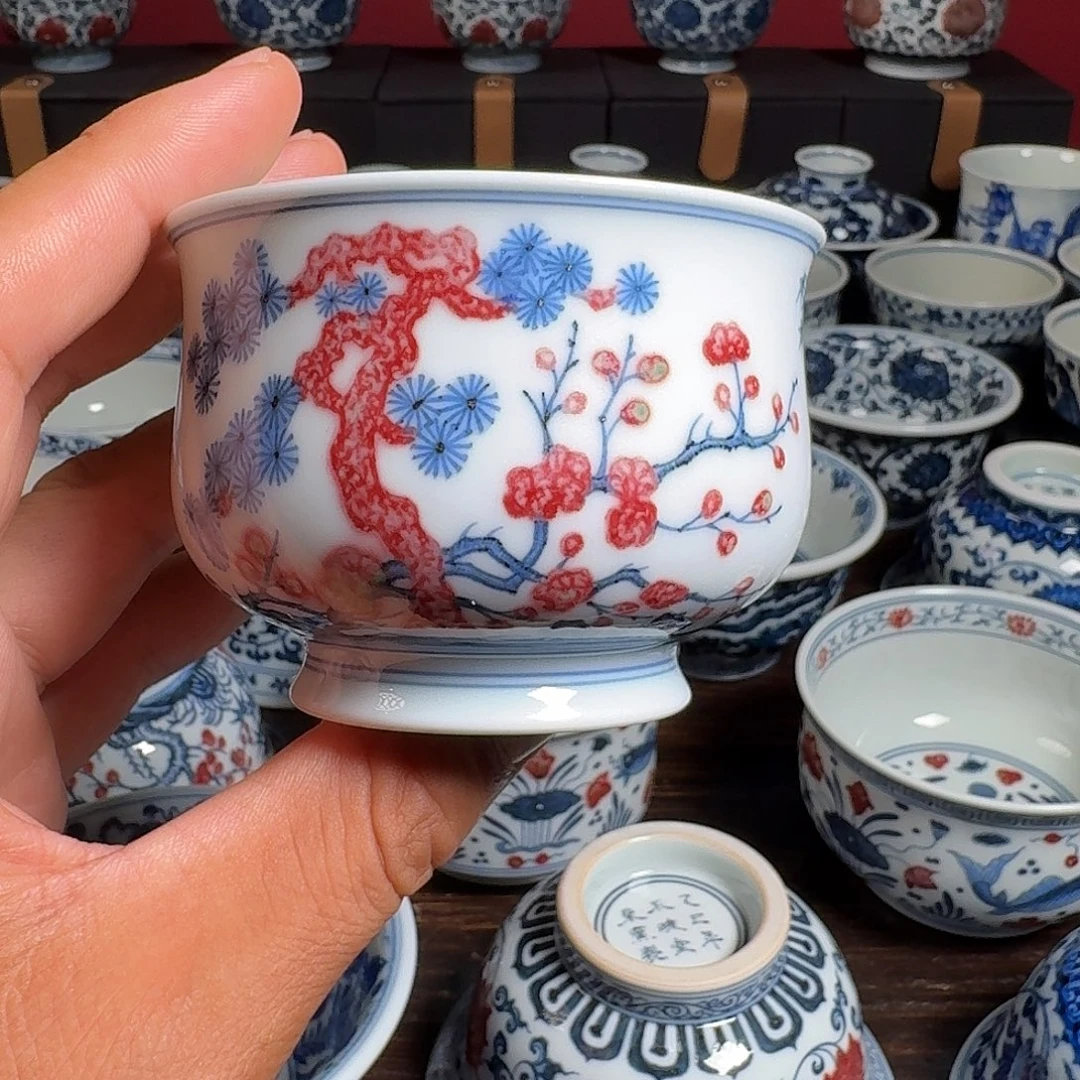 摆件柴窑青花炉式杯松竹梅