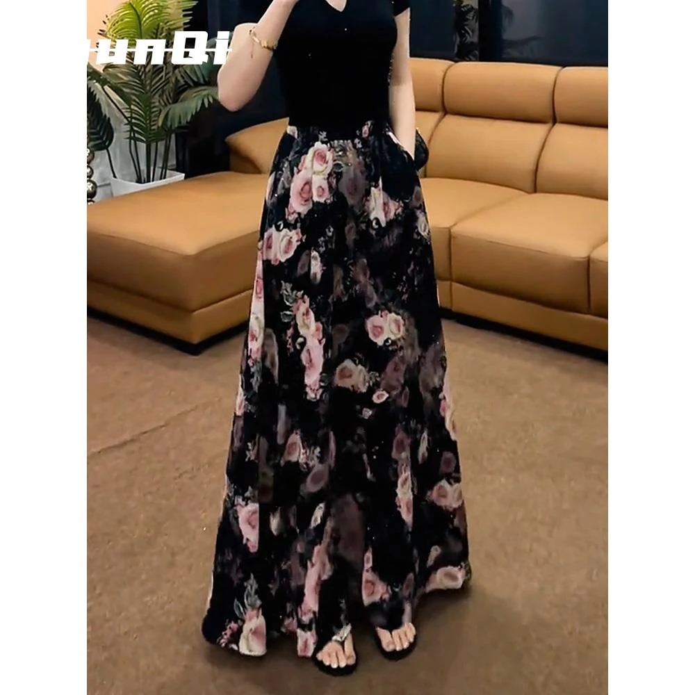 淳启高腰玫瑰花朵印花细闪垂感半身裙女夏季新款宽松显瘦拖地长裙