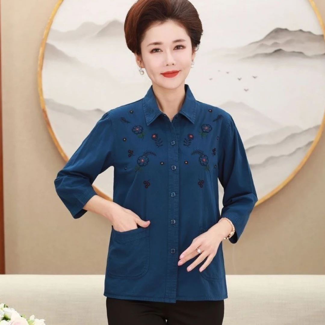 妈妈装纯棉衬衫宽松中老年女装全棉开衫大码七分袖绣花衬衣