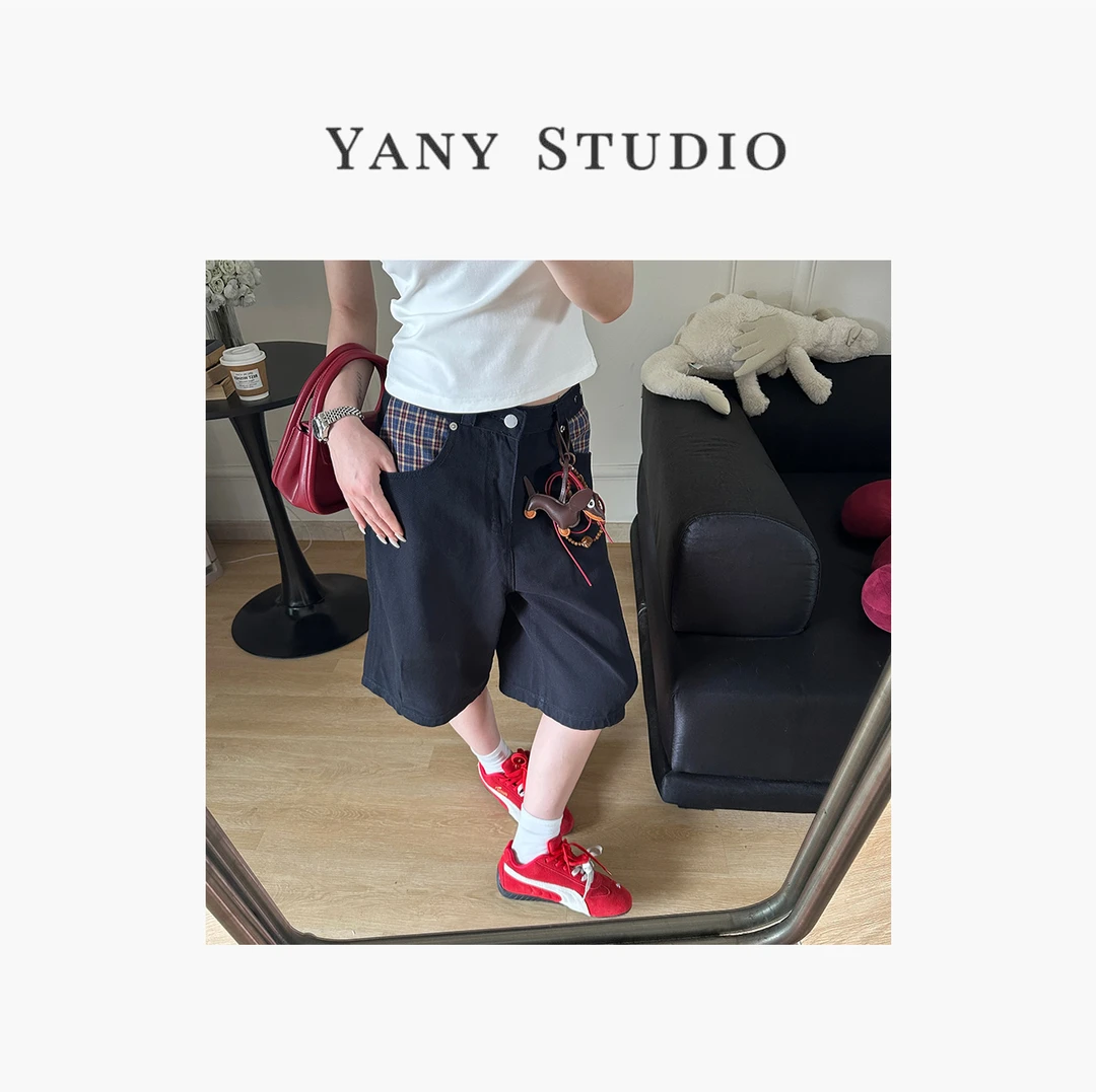 美式复古格子拼接中腰潮流裤子牛仔裤五分裤短裤夏季