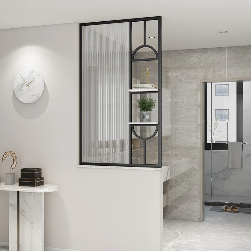 现代简约轻奢入户玄关客厅铁艺隔断不锈钢卫生间半墙长虹玻璃屏风