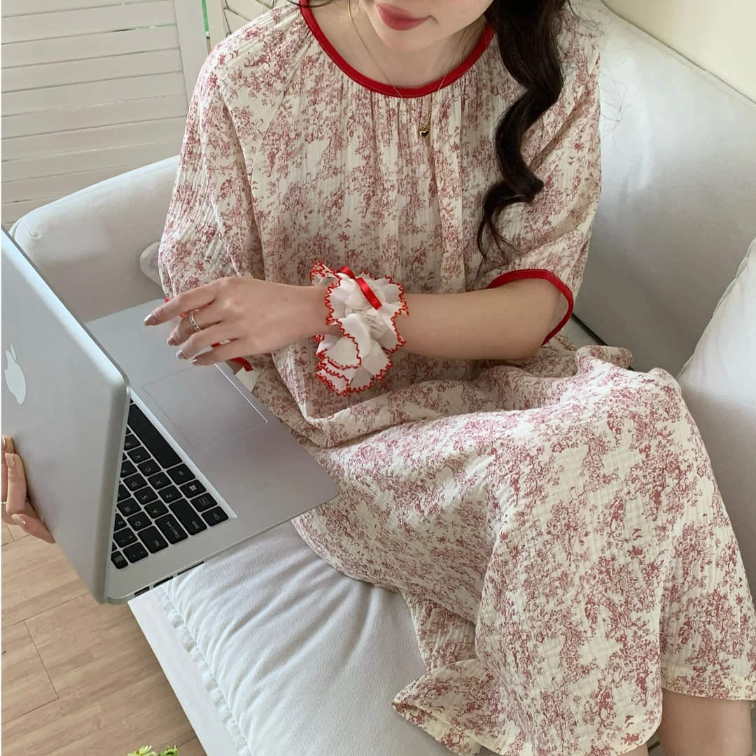 夏季A类家居服纯棉泡泡纱短袖睡裙舒适透气圆领长裙双层棉纱