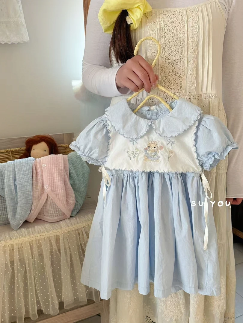 【苏右】2025蓝色小兔子刺绣连衣裙