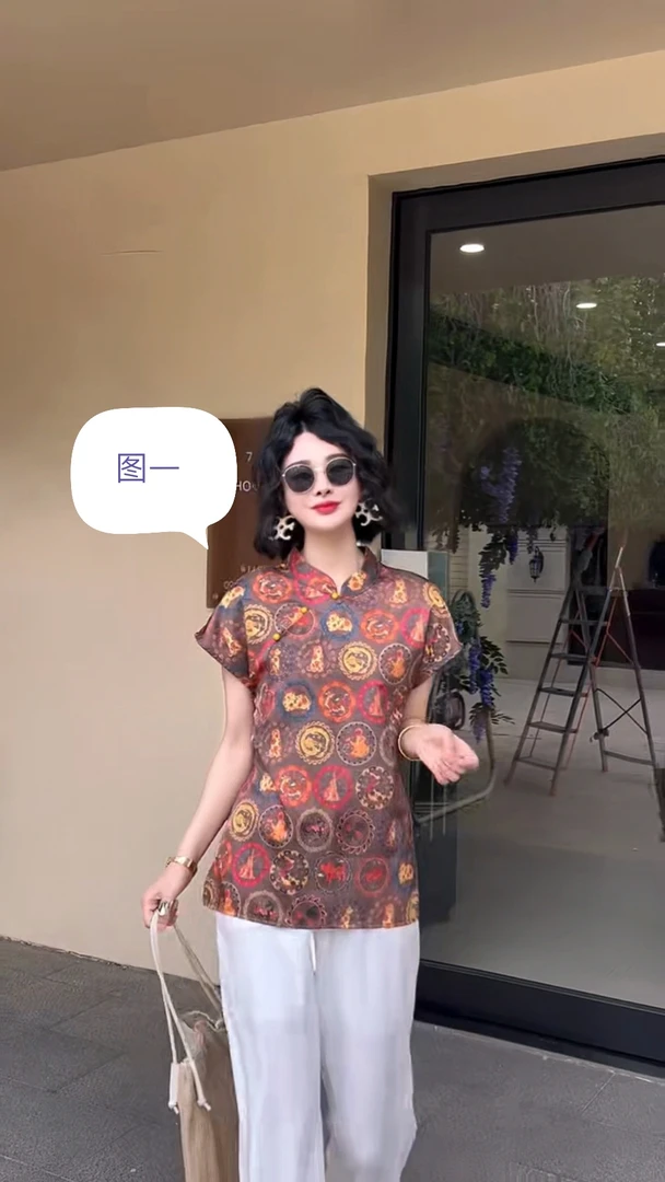 上衣斜襟短袖时尚宽松气质立领花纹常规款薄款休闲