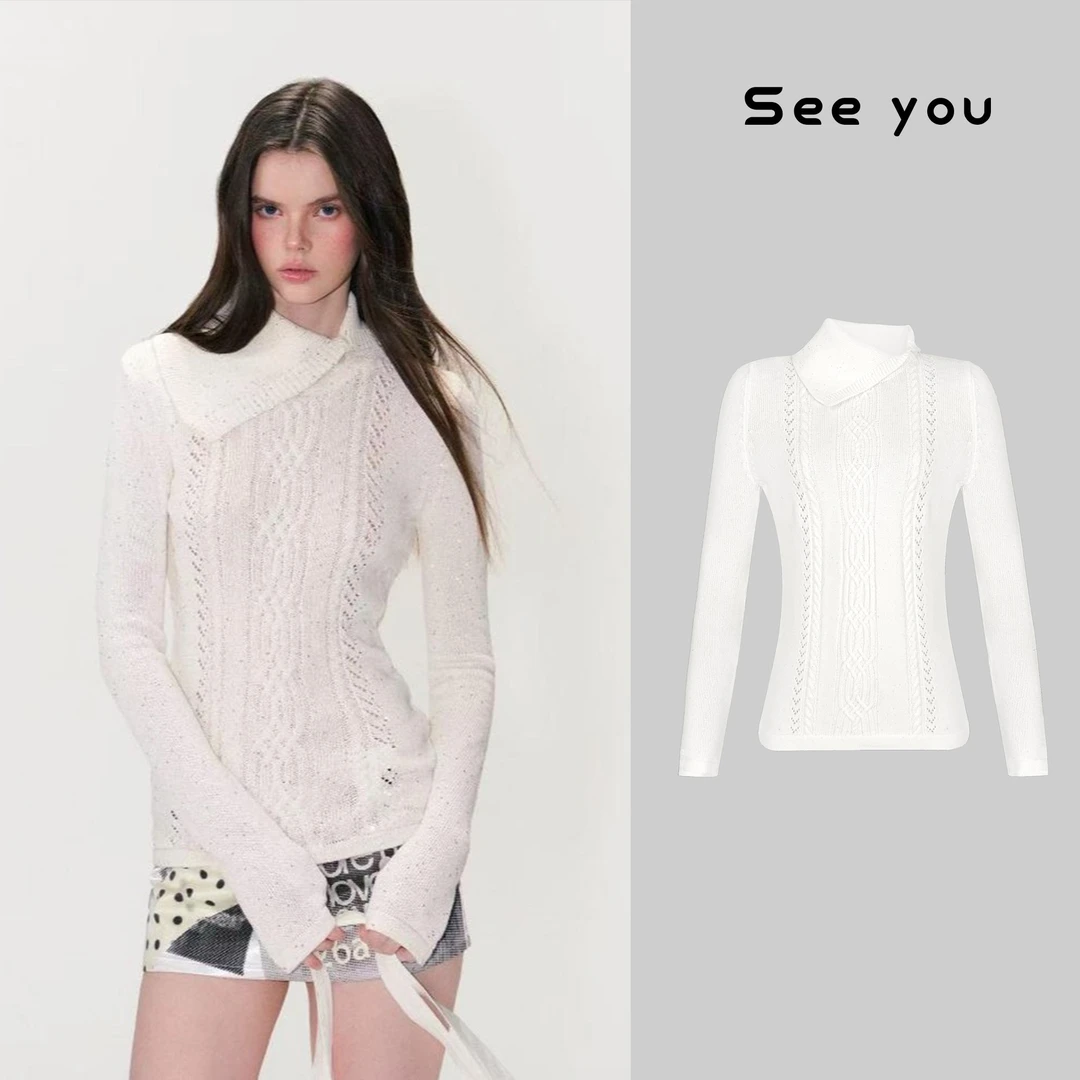 「溺于落日」辣妹细闪亮片针织衫修身翻领套头毛衣M2260