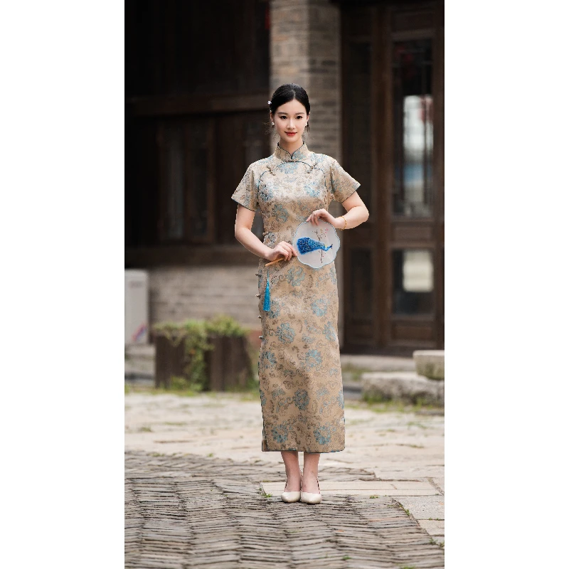 《蓝沁连肩袖》万寿牡丹纹100%桑蚕丝古典全开襟传统美琳襟旗袍