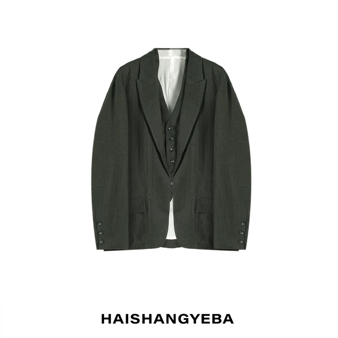 【海上叶爸】新款2025春秋百搭亚麻假两件宽松显瘦长袖西装