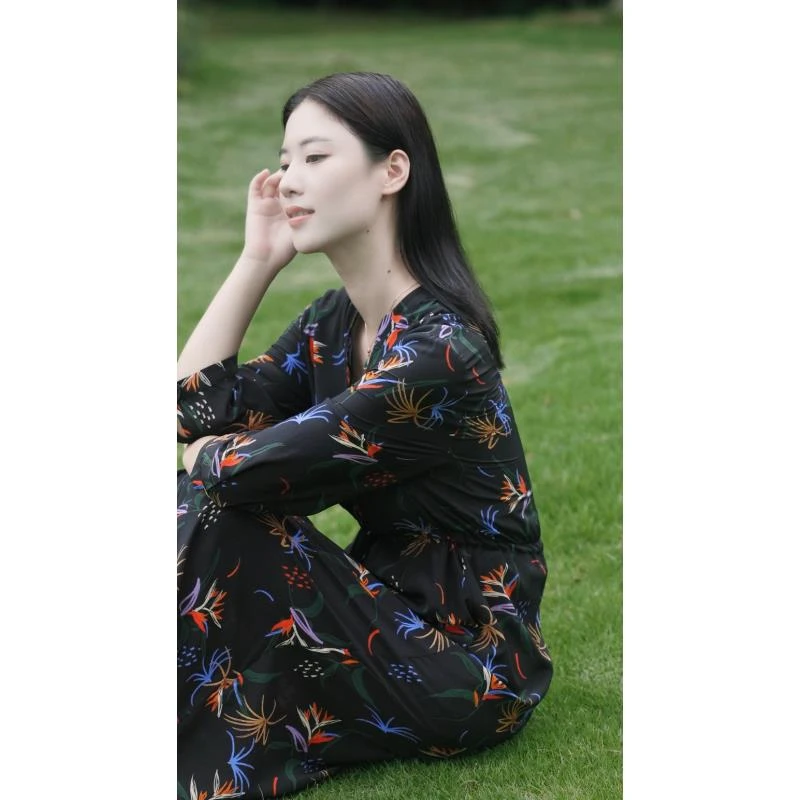 “鸢尾花开”春夏凤凰鸢尾花印花真丝连衣裙ZXQRL32508