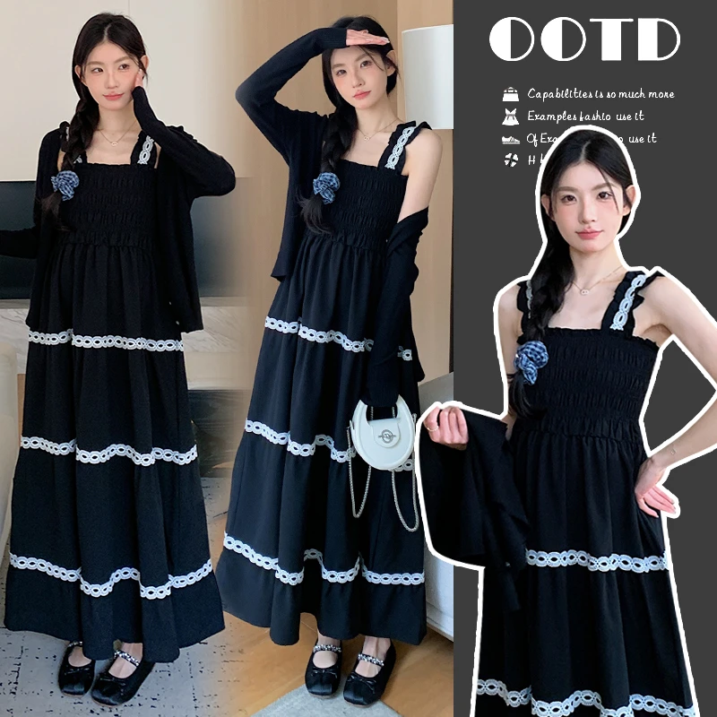 春季新品高级显瘦外搭+赫本风吊带裙孕妇连衣裙套装中长款春秋季