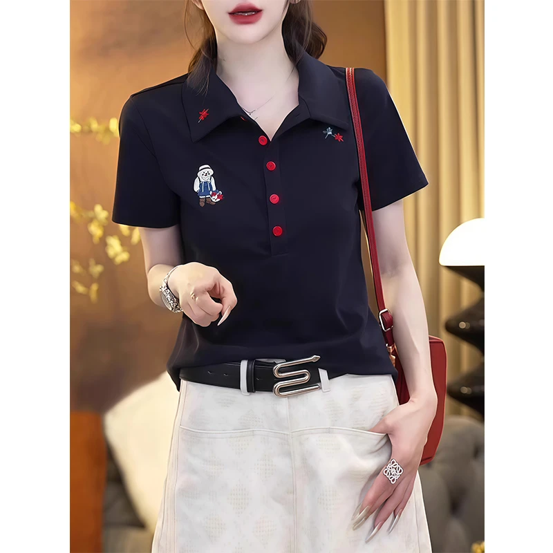 夏季重工刺绣Polo领冰丝短袖t恤女新款正肩T恤气质显瘦针织衫上衣