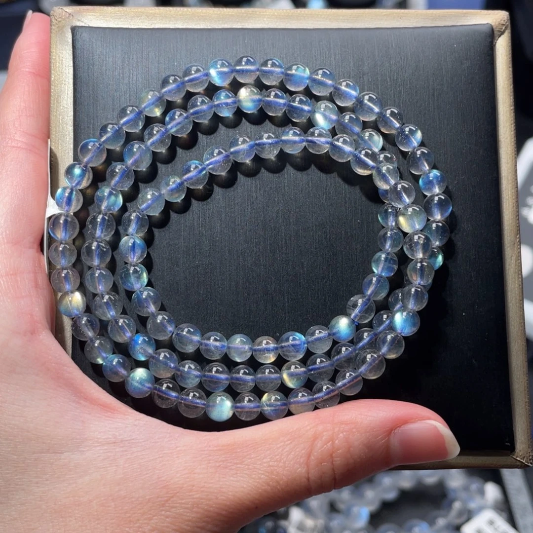 长石未镶嵌手链多圈加拿大彩光透体灰月光5m+