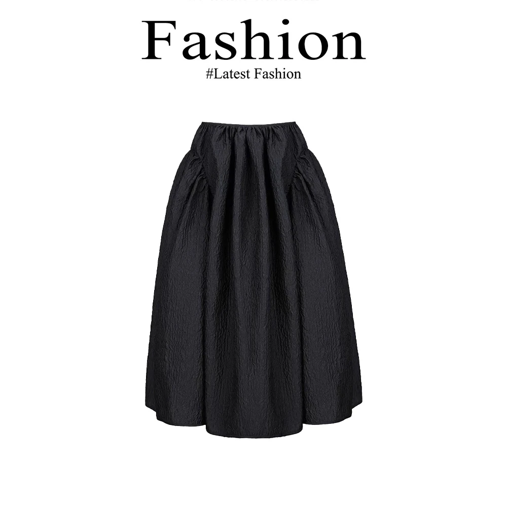 复古遮胯黑色肌理感半身裙2025夏季新款洋气百搭遮胯显瘦a字裙子