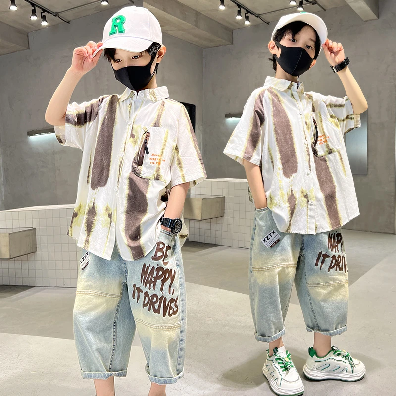 夏装新款洋气防晒衫套装潮酷竖条纹儿童装时髦休闲短袖裤子时尚