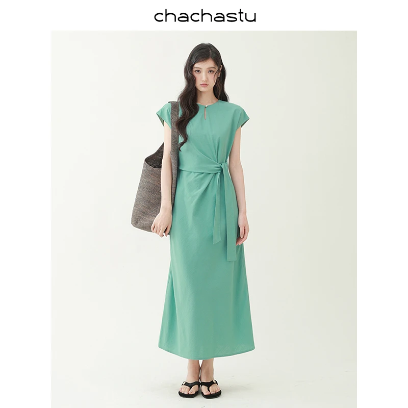 CHACHASTU纯色气质无袖圆领连衣裙高腰显瘦长裙夏季H4184W