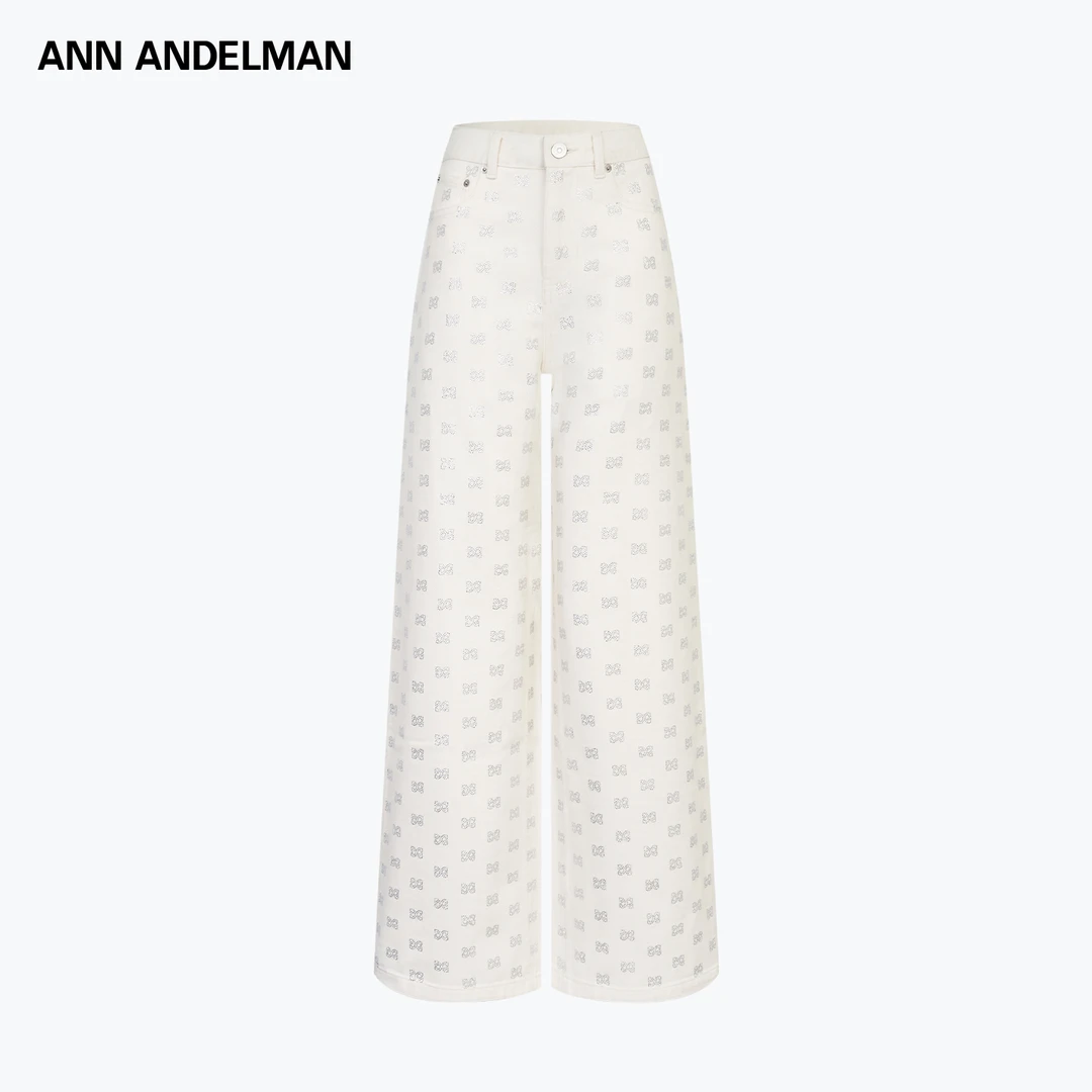 ANN ANDELMAN中弹力印花复古直筒女装蓝色满印女高腰无弹牛仔裤